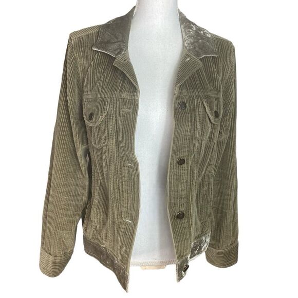 J. Jill Wm’s Med Olive Green Tumbled Corduroy Body Velvet Trim Button Up Jacket - Picture 1 of 5